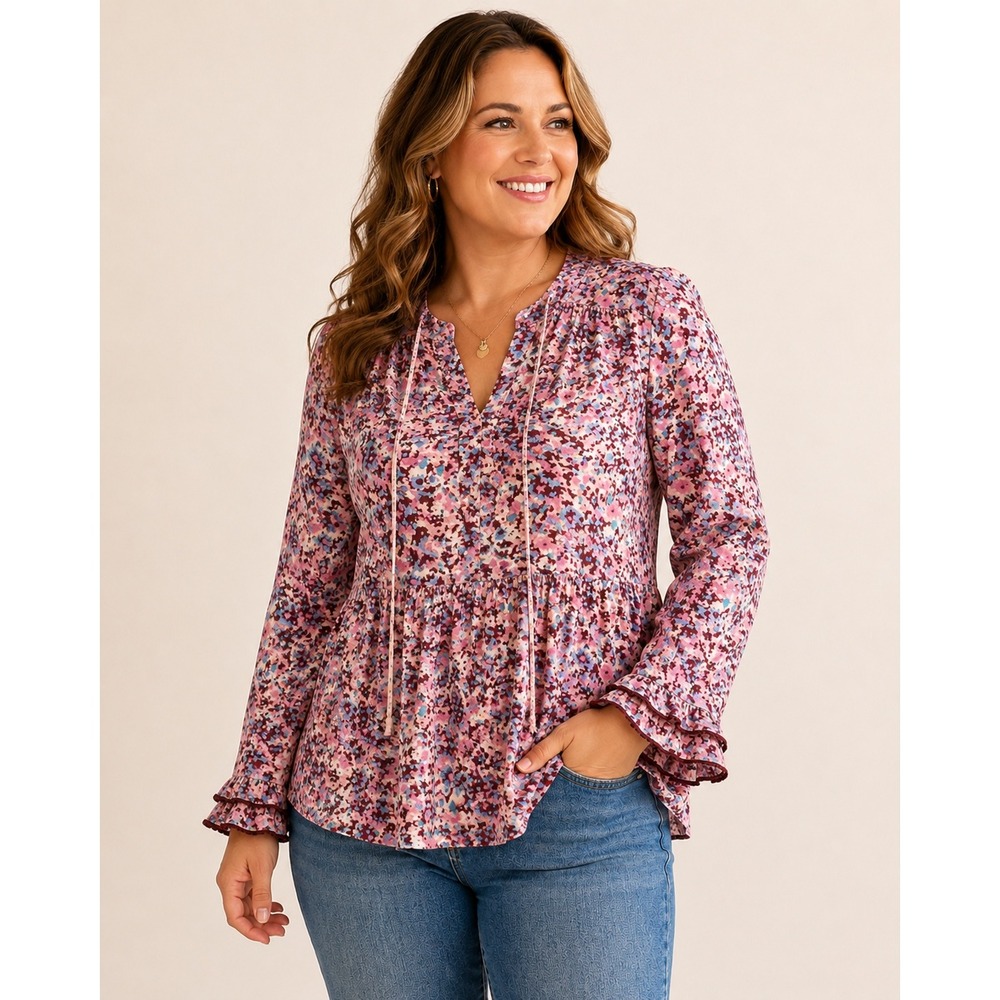Ophelia Roe Floral Blouse M Romantic Peplum Ruffle Sleeve Pink Blue Boho Top